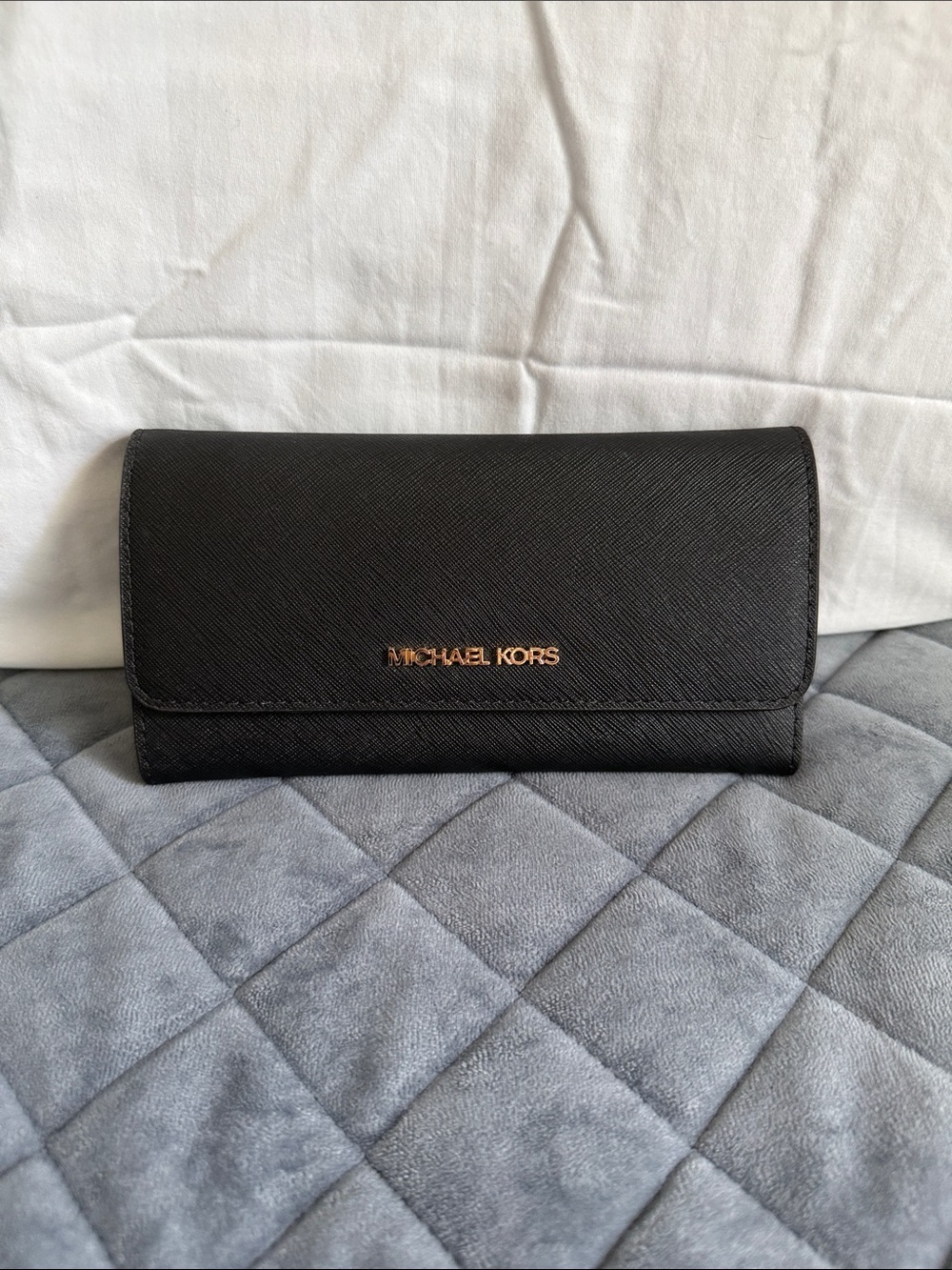 Michael Kors Black Pebbled Leather Trifold Wallet with Gold Hardware